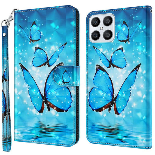 For Honor X8 4G 4G PU Leather Folio Flip Wallet Phone Case Stand Function 3D Creative Pattern Printed Design Full-Body Protective Cover with Strap -  Blue Butterflies