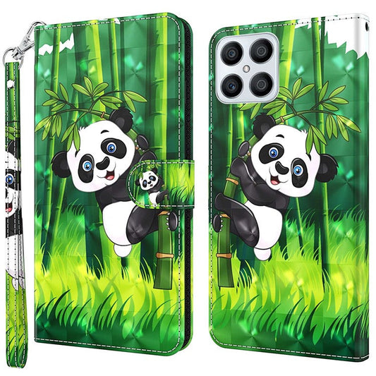 For Honor X8 4G 4G PU Leather Folio Flip Wallet Phone Case Stand Function 3D Creative Pattern Printed Design Full-Body Protective Cover with Strap -  Panda Climbing