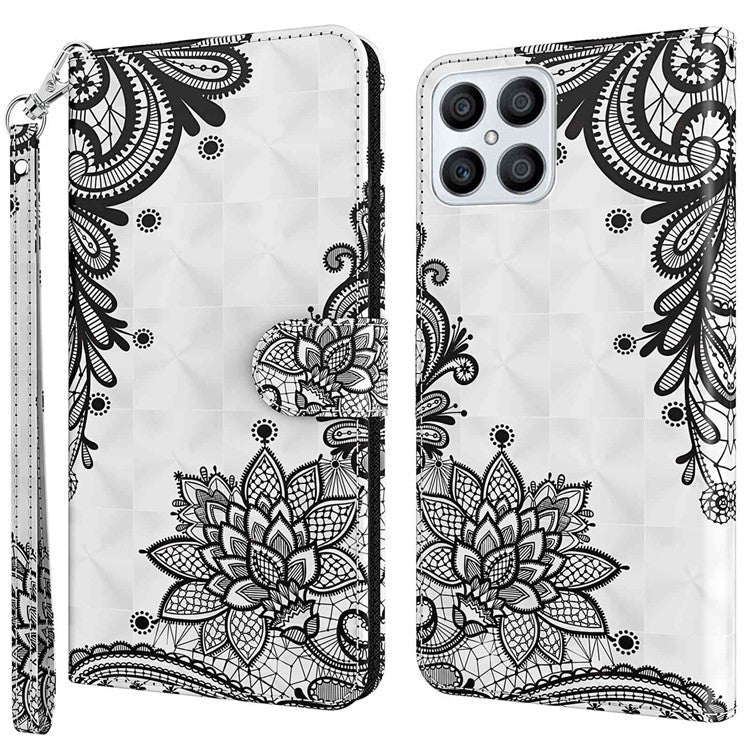For Honor X8 4G 4G PU Leather Folio Flip Wallet Phone Case Stand Function 3D Creative Pattern Printed Design Full-Body Protective Cover with Strap -  Lace Flower