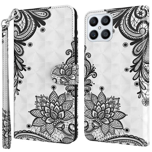 For Honor X8 4G 4G PU Leather Folio Flip Wallet Phone Case Stand Function 3D Creative Pattern Printed Design Full-Body Protective Cover with Strap -  Lace Flower