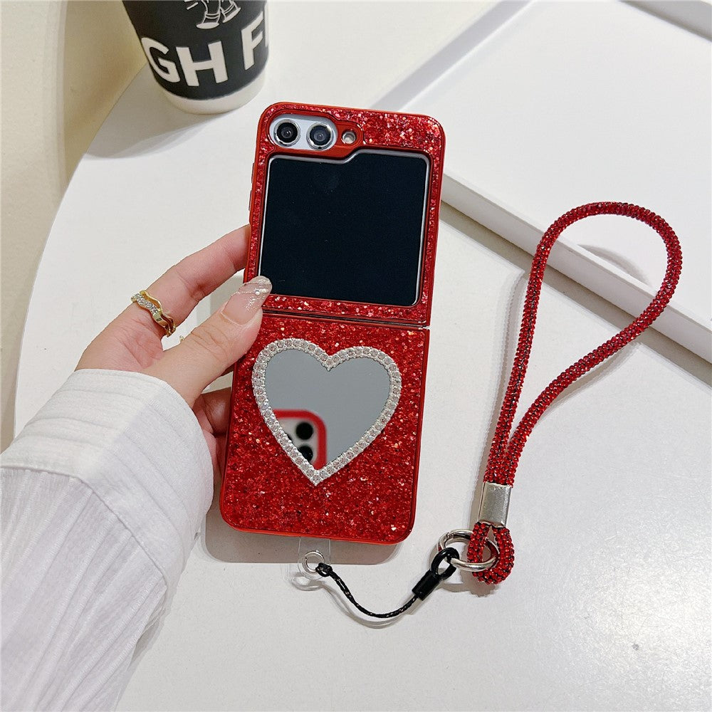 For Samsung Galaxy Z Flip7 FE 5G / Z Flip6 5G Case with Strap, Mirror TPU + PC Sparkling Glitter Phone Back Cover - Red