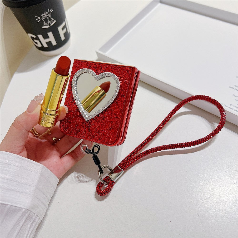 For Samsung Galaxy Z Flip7 FE 5G / Z Flip6 5G Case with Strap, Mirror TPU + PC Sparkling Glitter Phone Back Cover - Red