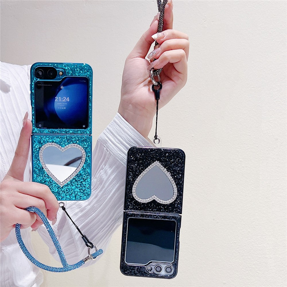 For Samsung Galaxy Z Flip7 FE 5G / Z Flip6 5G Case with Strap, Mirror TPU + PC Sparkling Glitter Phone Back Cover - Black