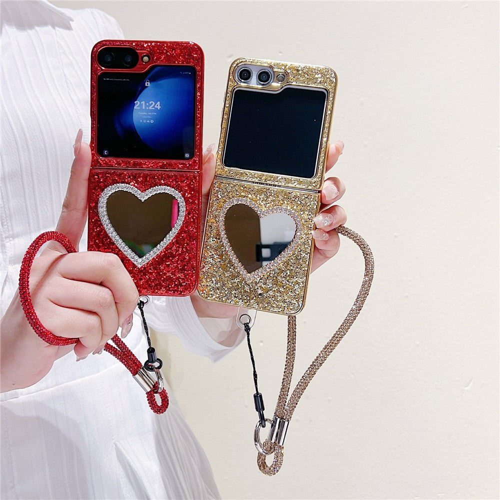 For Samsung Galaxy Z Flip7 FE 5G / Z Flip6 5G Case with Strap, Mirror TPU + PC Sparkling Glitter Phone Back Cover - Black