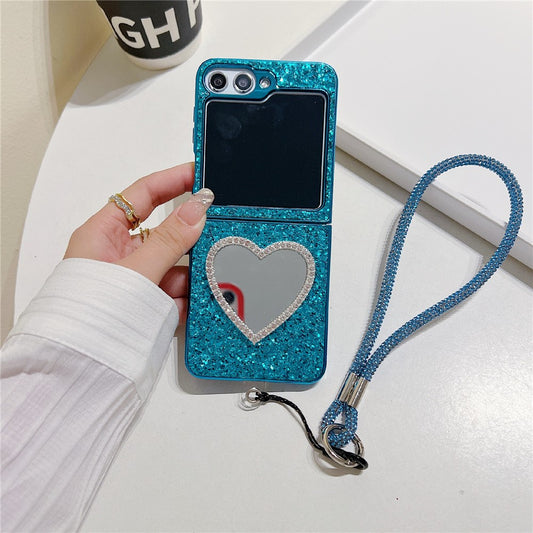For Samsung Galaxy Z Flip7 FE 5G / Z Flip6 5G Case with Strap, Mirror TPU + PC Sparkling Glitter Phone Back Cover - Blue