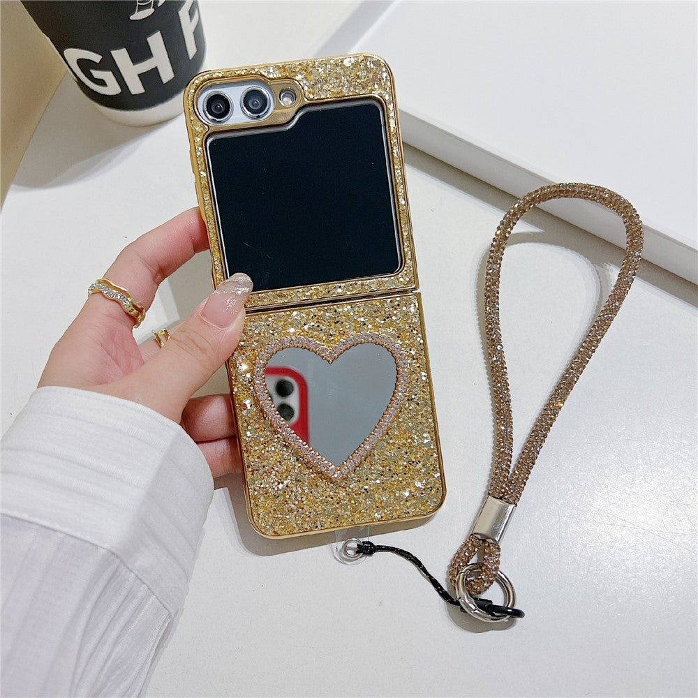 For Samsung Galaxy Z Flip7 FE 5G / Z Flip6 5G Case with Strap, Mirror TPU + PC Sparkling Glitter Phone Back Cover - Gold