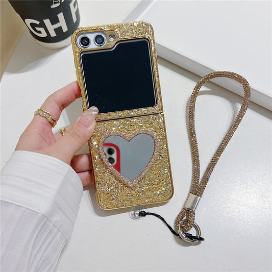 For Samsung Galaxy Z Flip7 FE 5G / Z Flip6 5G Case with Strap, Mirror TPU + PC Sparkling Glitter Phone Back Cover - Gold