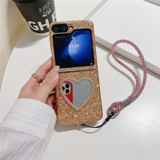 For Samsung Galaxy Z Flip7 FE 5G / Z Flip6 5G Case with Strap, Mirror TPU + PC Sparkling Glitter Phone Back Cover - Rose Gold