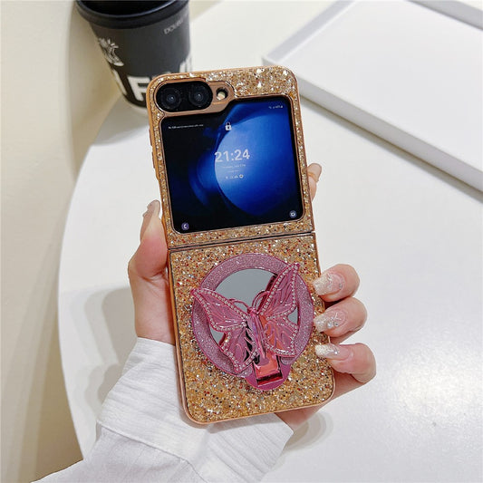 For Samsung Galaxy Z Flip7 FE 5G / Z Flip6 5G Case with Mirror Butterfly Kickstand Glitter TPU + PC Phone Cover - Rose Gold