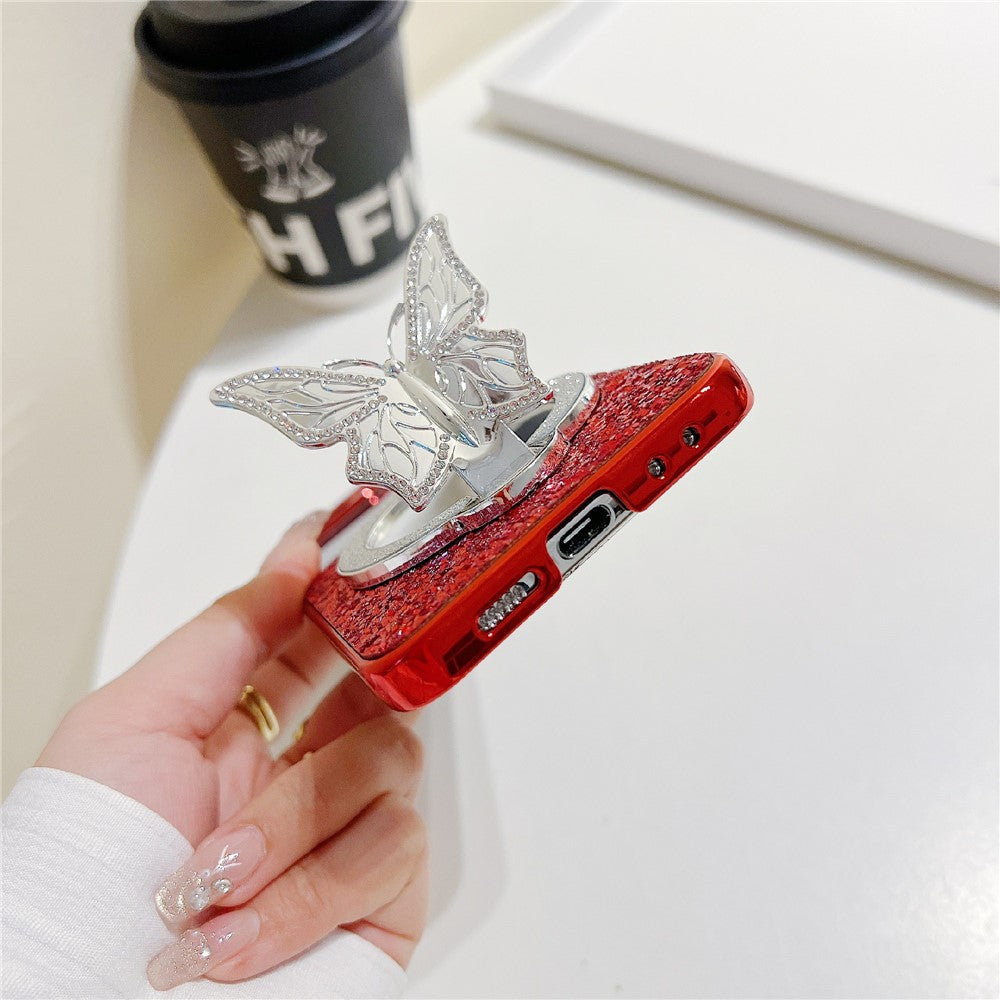 For Samsung Galaxy Z Flip7 FE 5G / Z Flip6 5G Case with Mirror Butterfly Kickstand Glitter TPU + PC Phone Cover - Blue