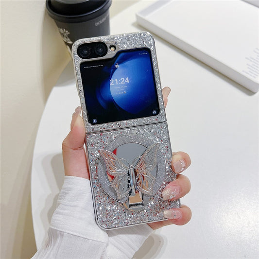 For Samsung Galaxy Z Flip7 FE 5G / Z Flip6 5G Case with Mirror Butterfly Kickstand Glitter TPU + PC Phone Cover - Silver