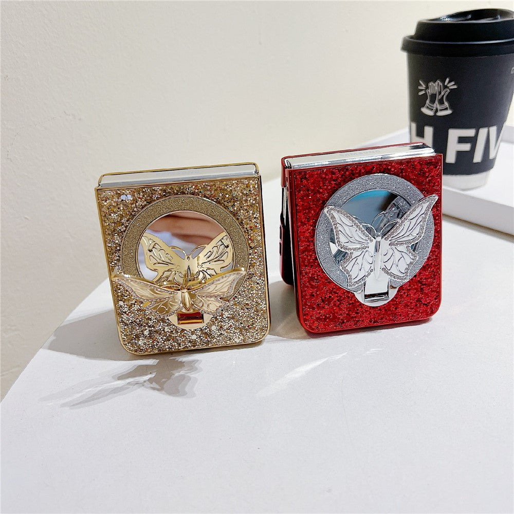 For Samsung Galaxy Z Flip7 FE 5G / Z Flip6 5G Case with Mirror Butterfly Kickstand Glitter TPU + PC Phone Cover - Silver