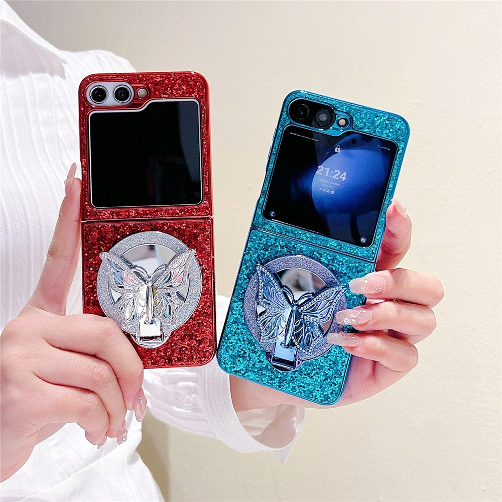 For Samsung Galaxy Z Flip7 FE 5G / Z Flip6 5G Case with Mirror Butterfly Kickstand Glitter TPU + PC Phone Cover - Silver