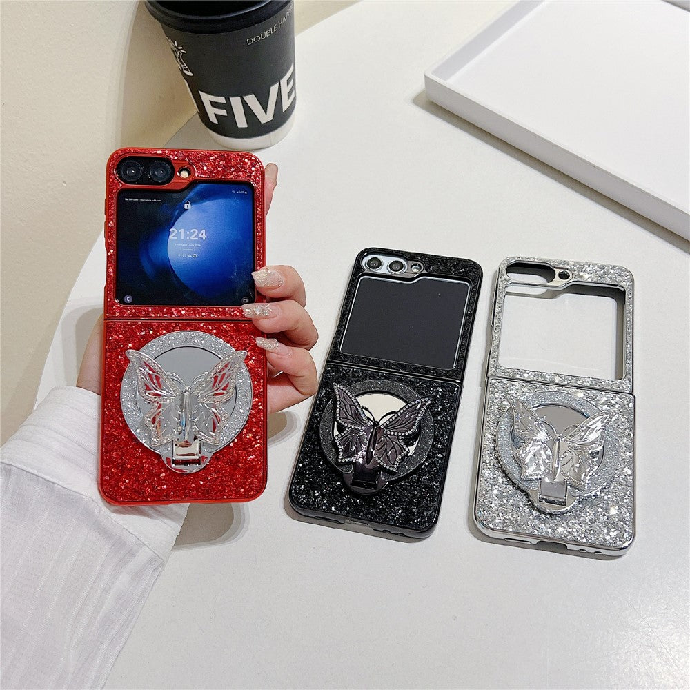 For Samsung Galaxy Z Flip7 FE 5G / Z Flip6 5G Case with Mirror Butterfly Kickstand Glitter TPU + PC Phone Cover - Silver