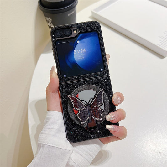 For Samsung Galaxy Z Flip7 FE 5G / Z Flip6 5G Case with Mirror Butterfly Kickstand Glitter TPU + PC Phone Cover - Black