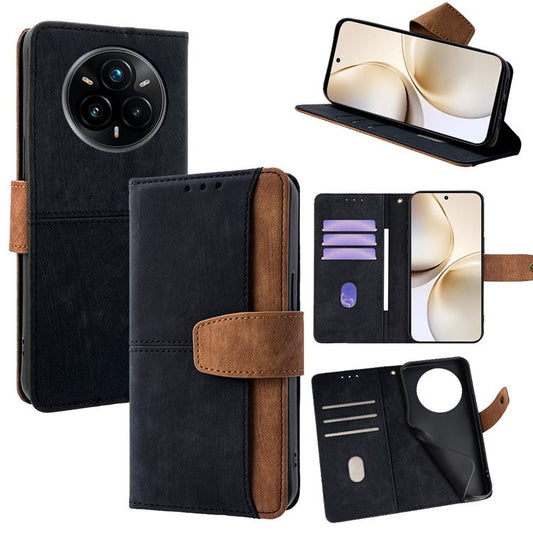 For Realme 14 Pro+ 5G Case RFID Blocking Color Splicing PU Leather Wallet Phone Cover - Black