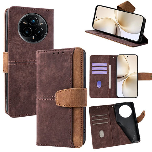 For Realme 14 Pro+ 5G Case RFID Blocking Color Splicing PU Leather Wallet Phone Cover - Brown