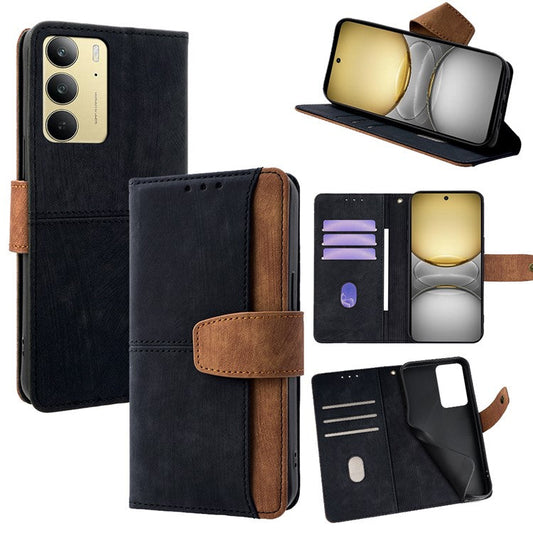 For Realme 14x 5G  /  C75 Case RFID Blocking Color Splicing PU Leather Wallet Phone Cover - Black
