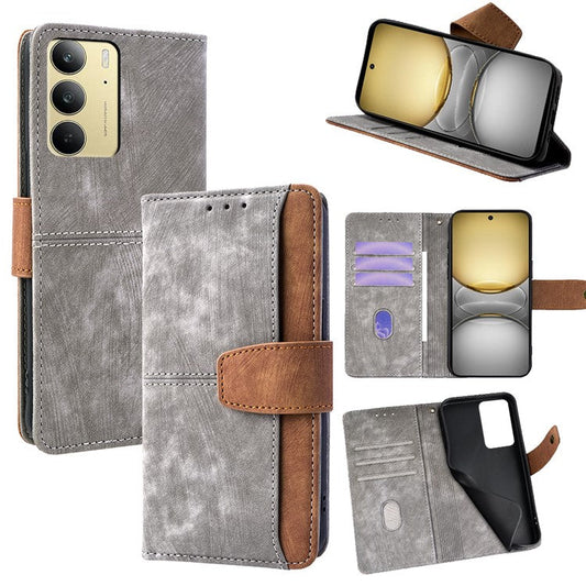 For Realme 14x 5G  /  C75 Case RFID Blocking Color Splicing PU Leather Wallet Phone Cover - Grey