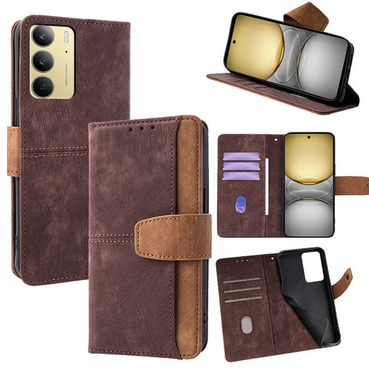 For Realme 14x 5G  /  C75 Case RFID Blocking Color Splicing PU Leather Wallet Phone Cover - Brown