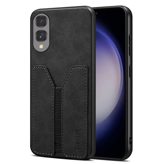 DENIOR For Samsung Galaxy S25 Edge Case Elastic Card Holder PU Leather + TPU + PC Phone Cover - Black