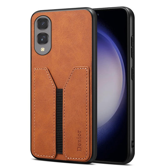 DENIOR For Samsung Galaxy S25 Edge Case Elastic Card Holder PU Leather + TPU + PC Phone Cover - Brown