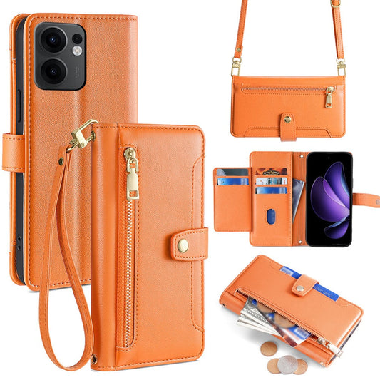 For Oppo Reno13 F 4G / 5G Case Zipper Pocket Wallet Leather Phone Cover with 2 Straps - Orange