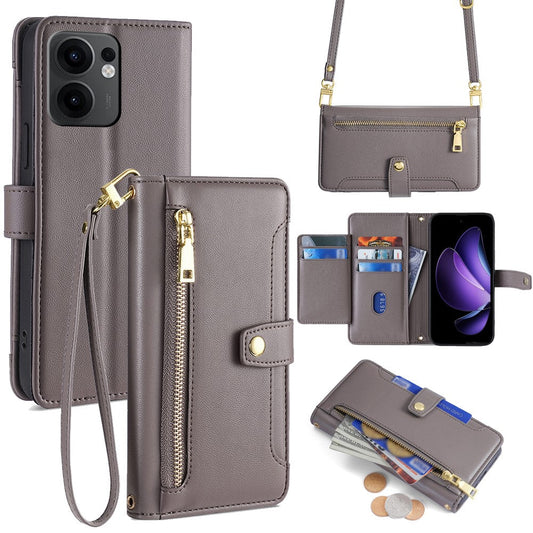 For Oppo Reno13 F 4G / 5G Case Zipper Pocket Wallet Leather Phone Cover with 2 Straps - Grey