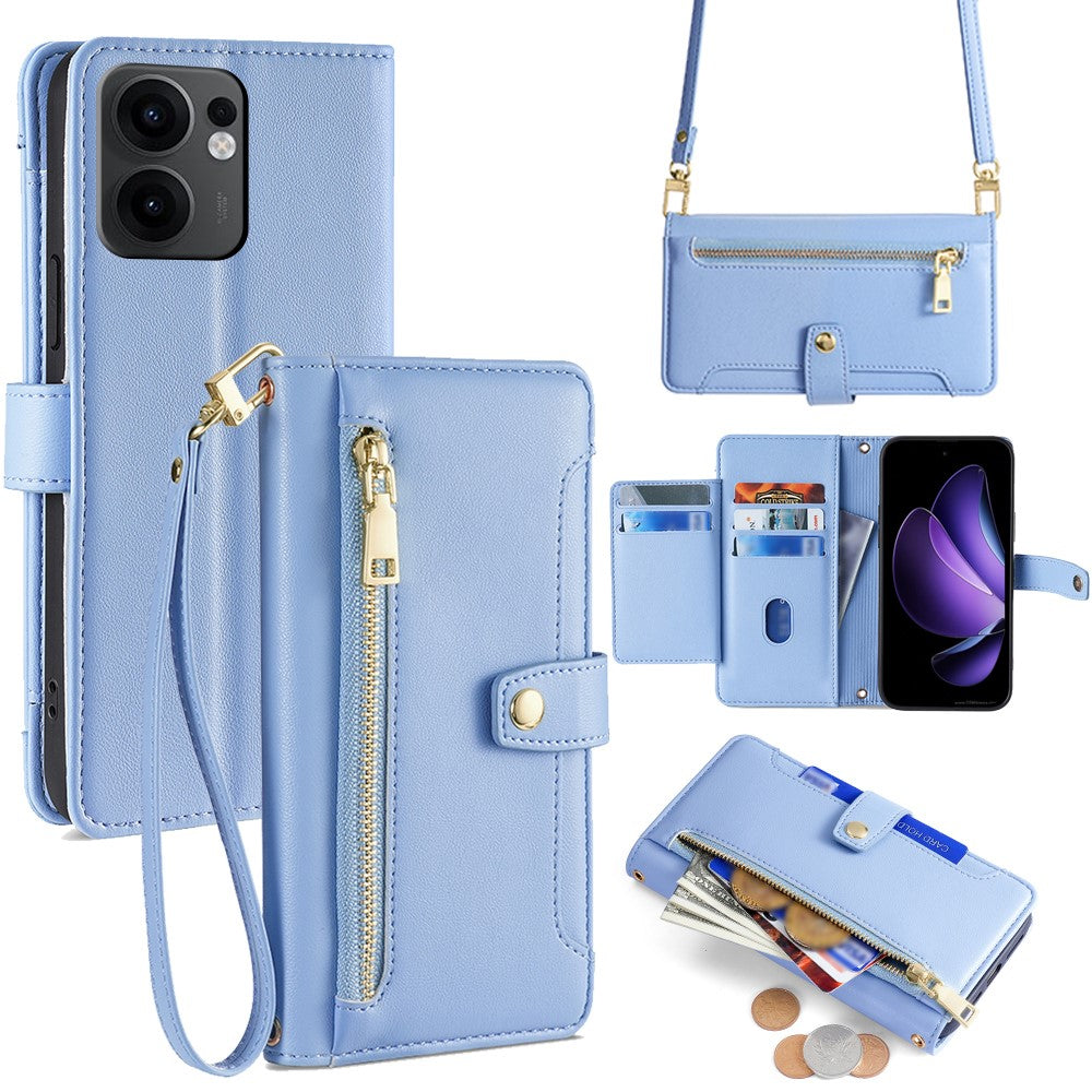 For Oppo Reno13 F 4G / 5G Case Zipper Pocket Wallet Leather Phone Cover with 2 Straps - Blue