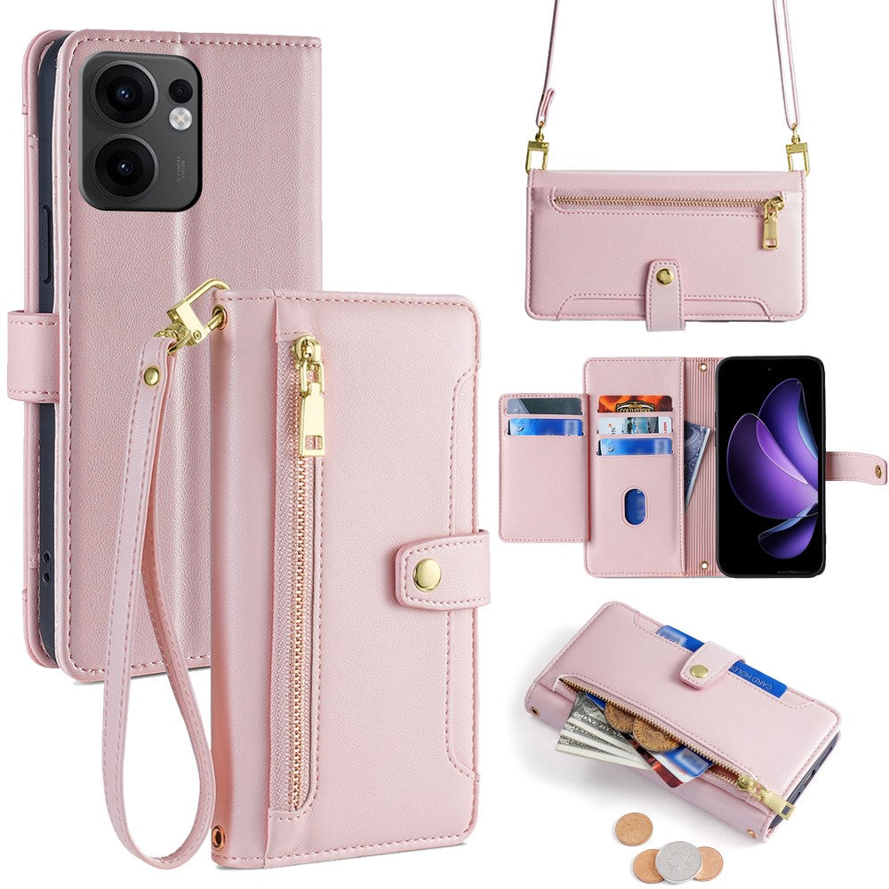 For Oppo Reno13 F 4G / 5G Case Zipper Pocket Wallet Leather Phone Cover with 2 Straps - Pink