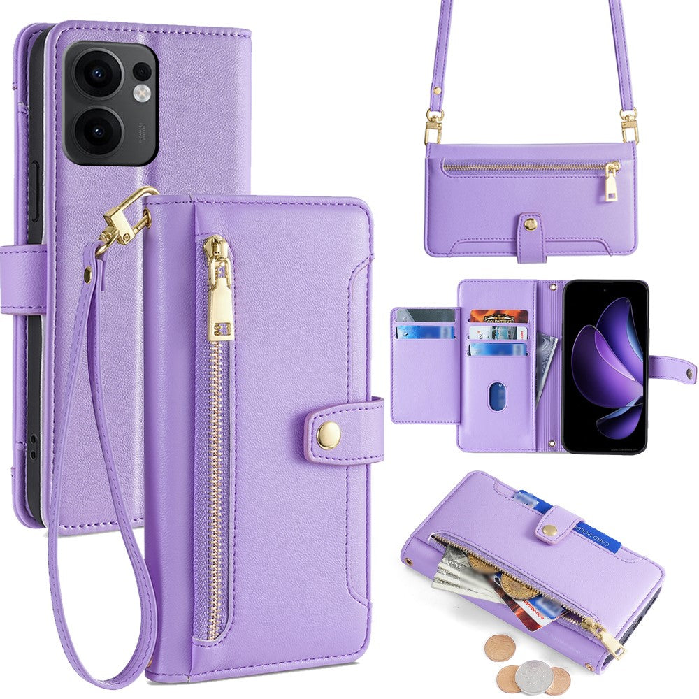 For Oppo Reno13 F 4G / 5G Case Zipper Pocket Wallet Leather Phone Cover with 2 Straps - Purple