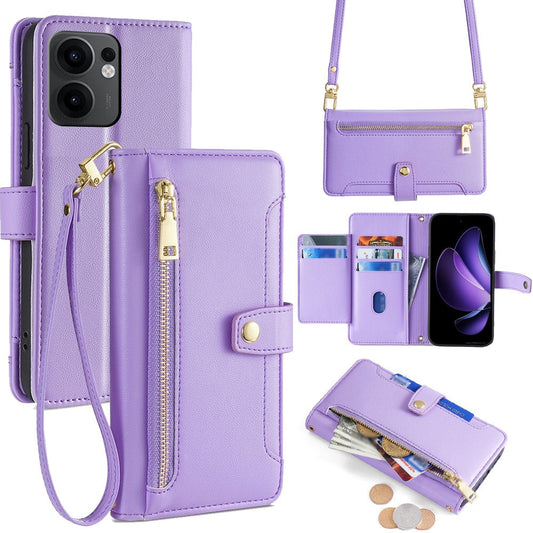 For Oppo Reno13 F 4G / 5G Case Zipper Pocket Wallet Leather Phone Cover with 2 Straps - Purple