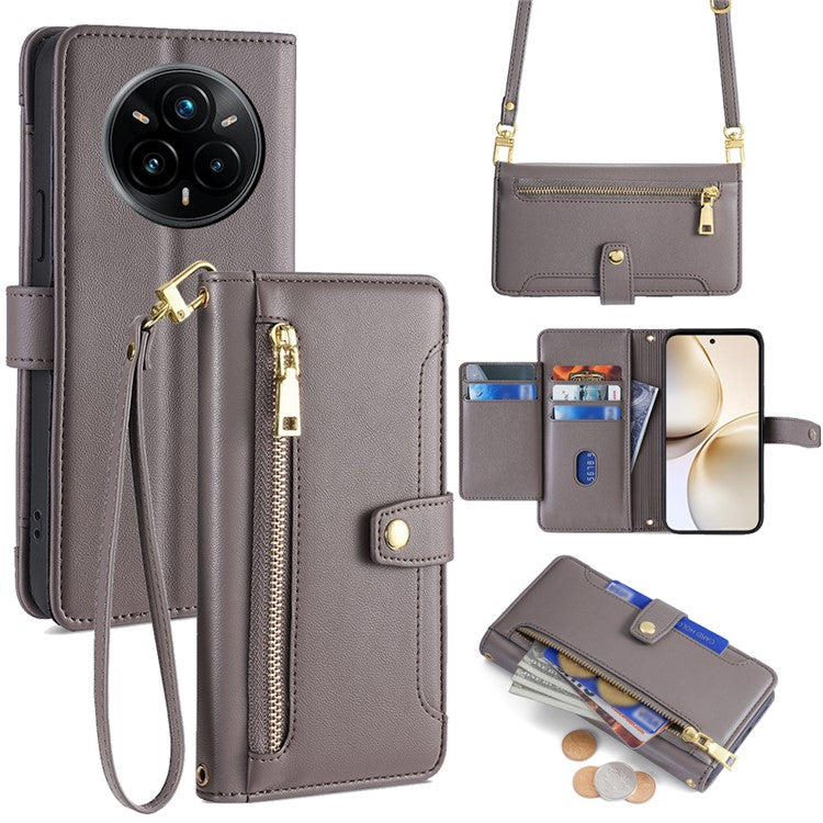 For Realme 14 Pro 5G Case Zipper Pocket Wallet Leather Phone Cover with 2 Straps - Grey