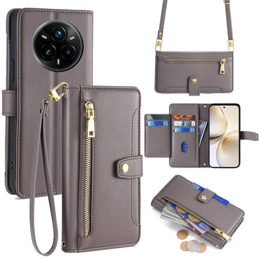 For Realme 14 Pro 5G Case Zipper Pocket Wallet Leather Phone Cover with 2 Straps - Grey