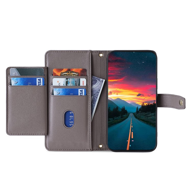 For Realme 14 Pro 5G Case Zipper Pocket Wallet Leather Phone Cover with 2 Straps - Grey
