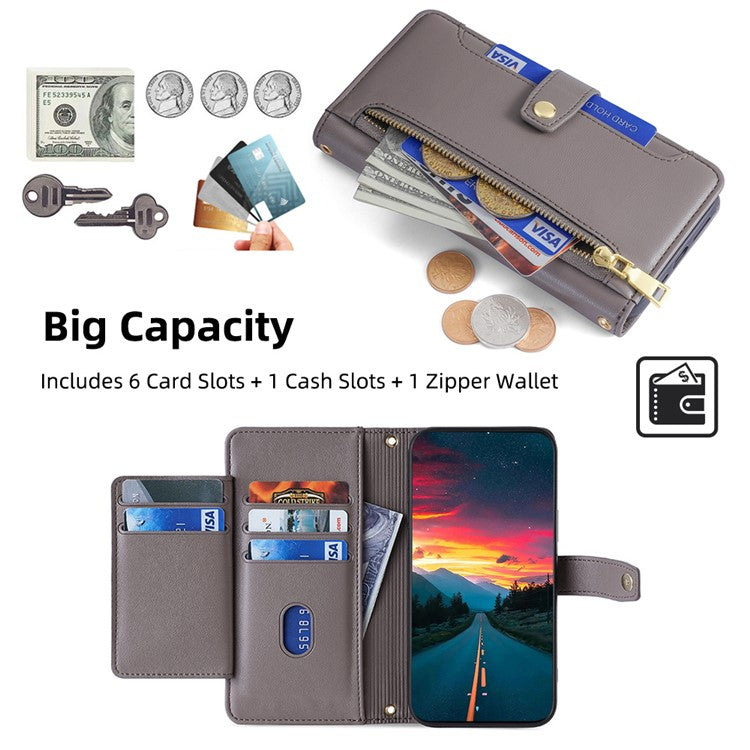 For Realme 14 Pro 5G Case Zipper Pocket Wallet Leather Phone Cover with 2 Straps - Grey