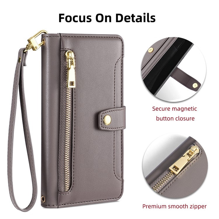 For Realme 14 Pro 5G Case Zipper Pocket Wallet Leather Phone Cover with 2 Straps - Grey