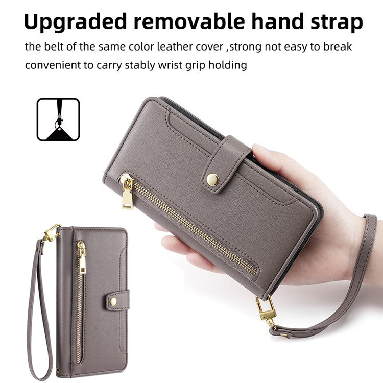 For Realme 14 Pro 5G Case Zipper Pocket Wallet Leather Phone Cover with 2 Straps - Grey