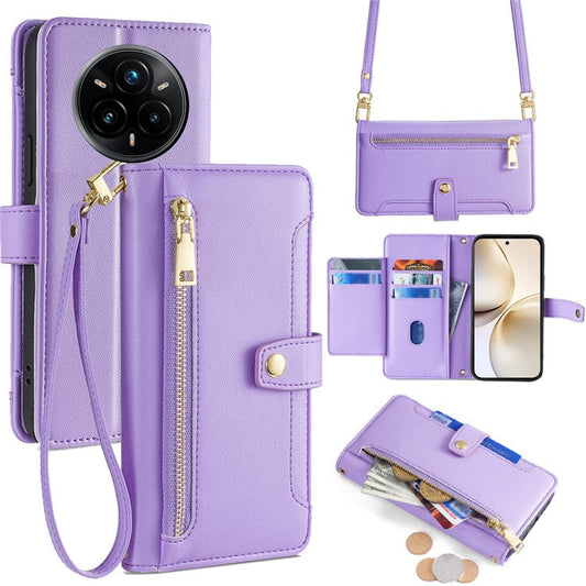 For Realme 14 Pro 5G Case Zipper Pocket Wallet Leather Phone Cover with 2 Straps - Purple