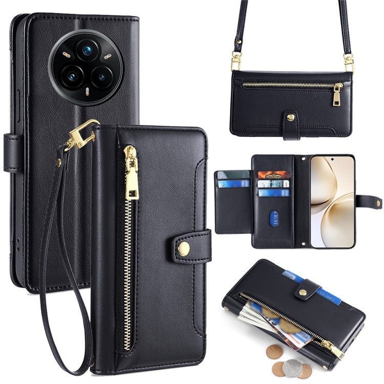 For Realme 14 Pro+ 5G Case Zipper Pocket Wallet Leather Phone Cover with 2 Straps - Black