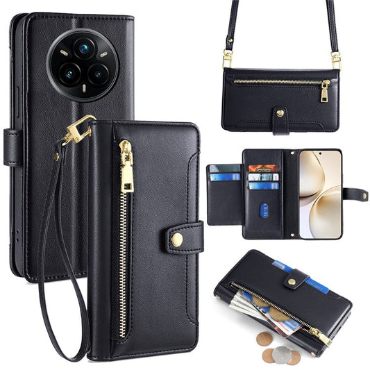 For Realme 14 Pro+ 5G Case Zipper Pocket Wallet Leather Phone Cover with 2 Straps - Black