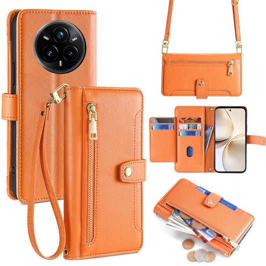 For Realme 14 Pro+ 5G Case Zipper Pocket Wallet Leather Phone Cover with 2 Straps - Orange
