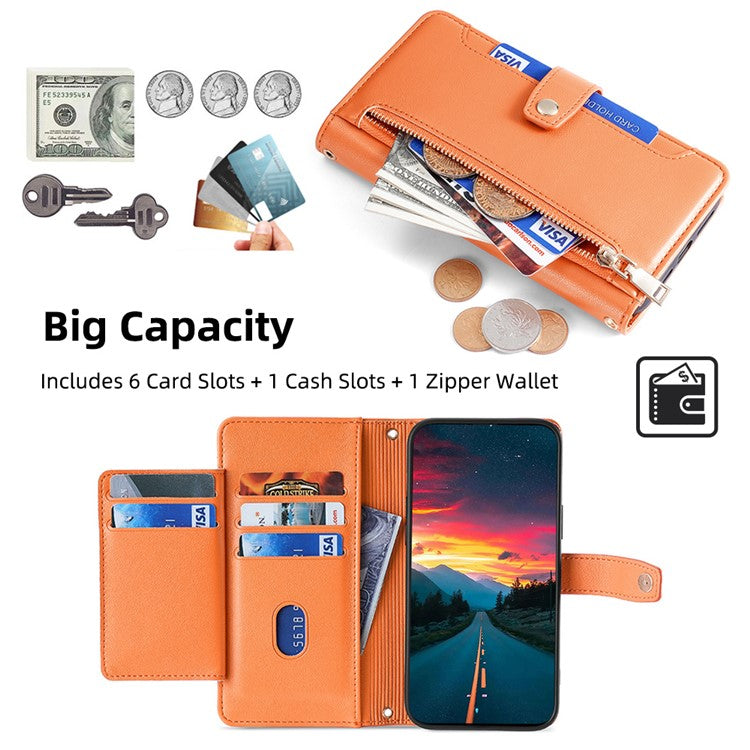 For Realme 14 Pro+ 5G Case Zipper Pocket Wallet Leather Phone Cover with 2 Straps - Orange