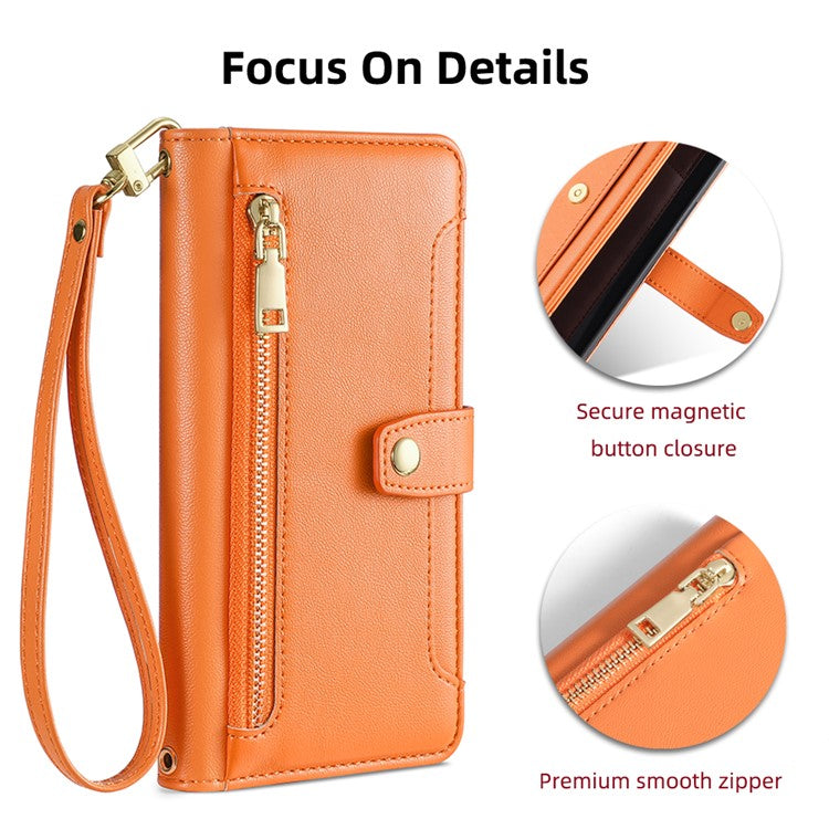 For Realme 14 Pro+ 5G Case Zipper Pocket Wallet Leather Phone Cover with 2 Straps - Orange