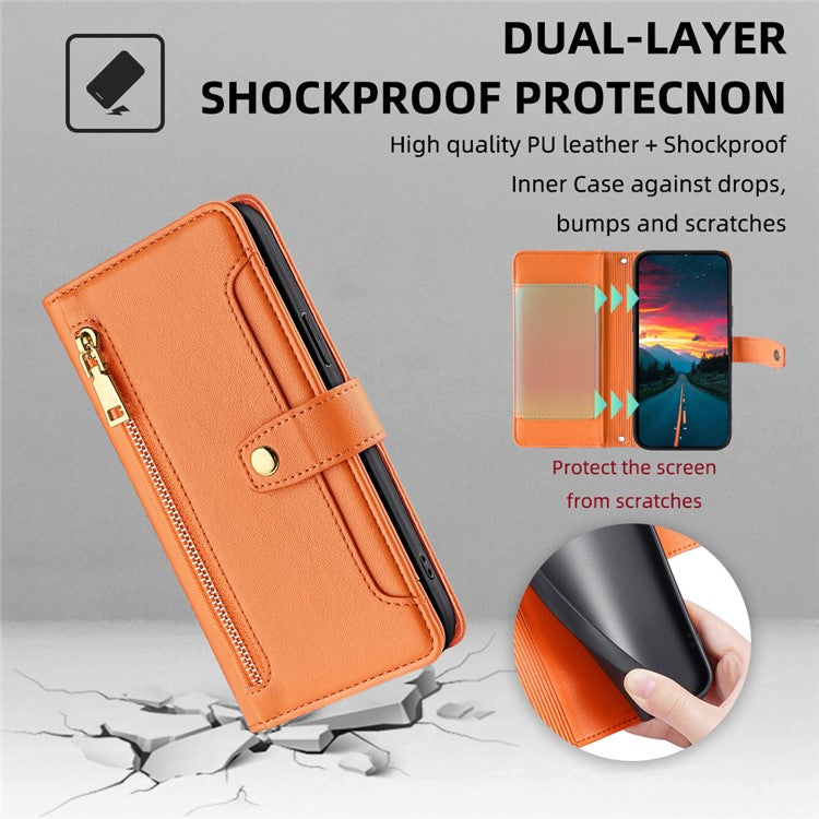 For Realme 14 Pro+ 5G Case Zipper Pocket Wallet Leather Phone Cover with 2 Straps - Orange