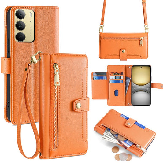 For Realme C75 / 14x 5G Case Zipper Pocket Wallet Leather Phone Cover with 2 Straps - Orange
