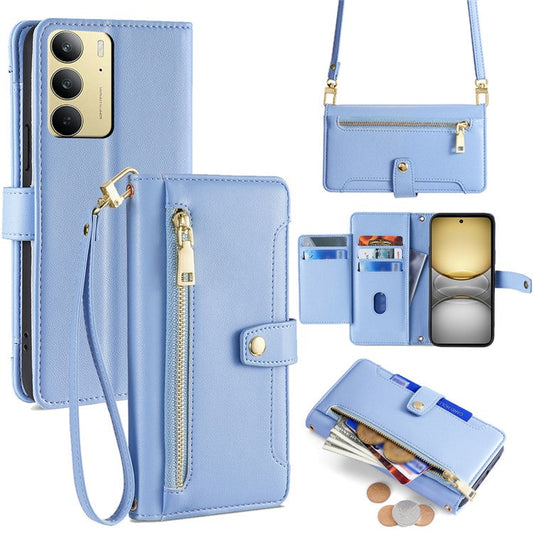 For Realme C75 / 14x 5G Case Zipper Pocket Wallet Leather Phone Cover with 2 Straps - Blue