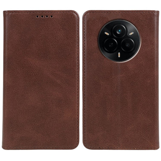For Realme 14 Pro 5G Case Strong Magnetic PU Leather Phone Cover Calf Texture - Brown