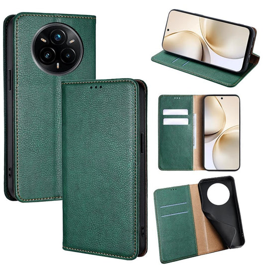 For Realme 14 Pro+ 5G Case Wallet PU Leather Magnetic Auto-Absorbed Phone Cover - Green