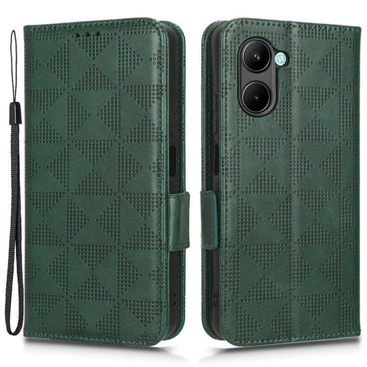 For Realme C33 4G  Imprinted Triangle Pattern PU Leather Phone Case Magnetic Handbag Hand Strap Flip Stand Wallet Cover - Green